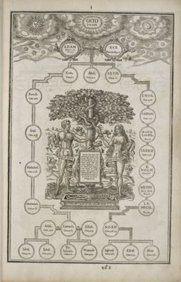 First page of Genealogy, Adam and Eve, from The Genealogies Recorded in the Sacred Scriptures by John Speed, issued in Holy Bible by unknown artist