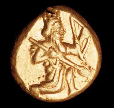 Ancient Greek Coin, Gold Persian Daric, Great King kneeling with bow by Unknown artist