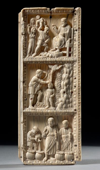 Relief panel with scenes from the life of Christ (Massacre of the Innocents; Baptism of Christ; Marriage at Cana) by Unknown Byzantine artist [Rome or Milan]