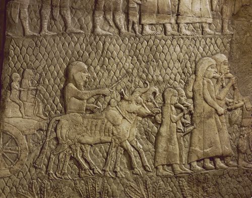 Captives with camel and baggage on their way into exile, detail of the Assyrian conquest of the Jewish fortified town of Lachish (battle 701 BCE), part of a relief from the palace of Sennacherib at Niniveh, Mesopotamia (Iraq) by Unknown Assyrian artist