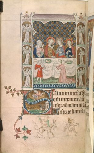 Marriage feast at Cana, with an historiated initial 'S'(alvum) of Jonah being cast from his boat and praying in the sea, with two grotesques battling in the lower margin, from the Queen Mary Psalter by Marriage feast at Cana, with an historiated initial 'S'(alvum) of Jonah being cast from his boat and praying in the sea, with two grotesques battling in the lower margin, from the Queen Mary Psalter