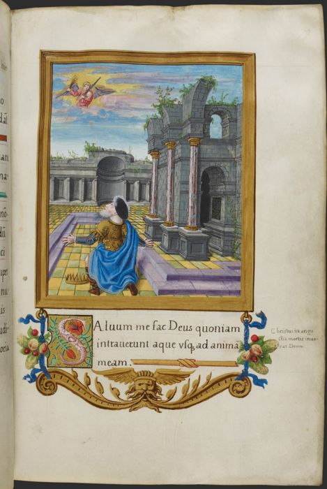 Henry as David kneeling in prayer among ruins, from Henry VIII Psalter by Jean Mallard [attrib.]