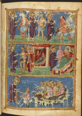 Miracles of Jesus, including healing of Centurion's servant, from Homilies of Gregory of Gregory of Nazianzus, dedicated to Basil I by Unknown Byzantine artist