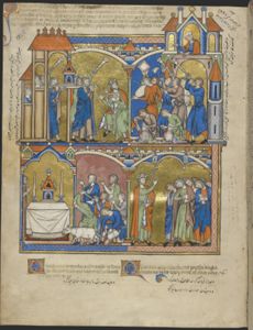 David's Greatest Triumph, The Ark Enshrined in Jerusalem, David Blesses Israel, from The Crusader Bible (The Morgan Picture Bible) by Unknown French artist [Paris]