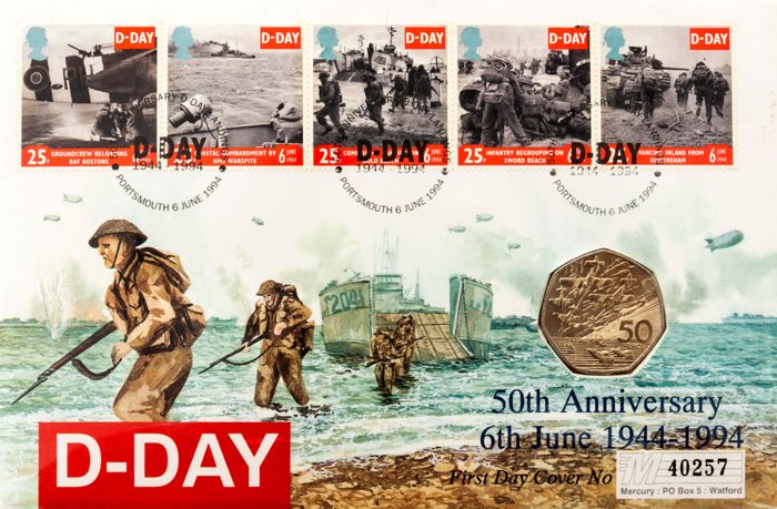 Great Britain 50p D-Day Coin First Day Cover (6th June 1994) to commemorate the Fiftieth Anniversary of D-Day by John W. Mills and the British Army Film and Photographic Unit 