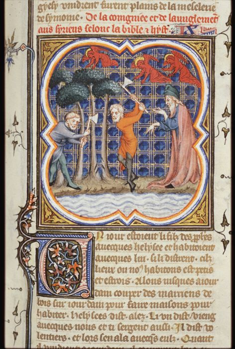 The miraculously floating axe-head: followers of Elisha cut trees near the river Jordan from Guiard des Moulins, Grande Bible Historiale Complétée by Jan Boudolf