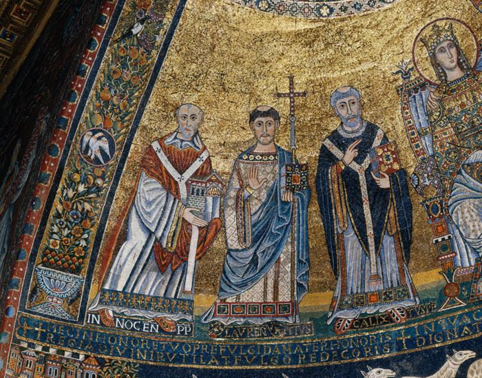 Innocent II, Saint Lawrence, and Saint Callixtus (Apse mosaic detail from Church of Santa Maria in Trastevere) by Unknown Italian artist