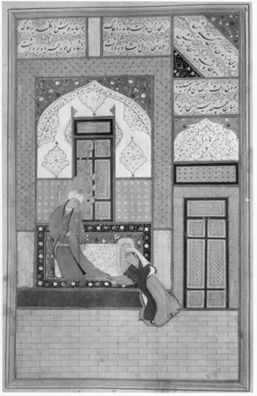 Zulaykha Seizing the Skirt of Yusuf's Robe, from a Yusuf and Zulaykha of Jami by Unknown Bukharan artist