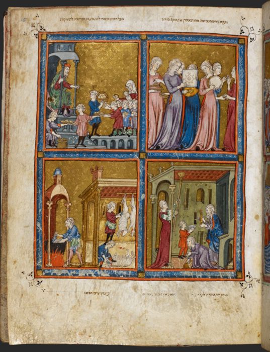 The Dance of Miriam and preparation for Seder, from the Golden Haggadah by Unknown artist