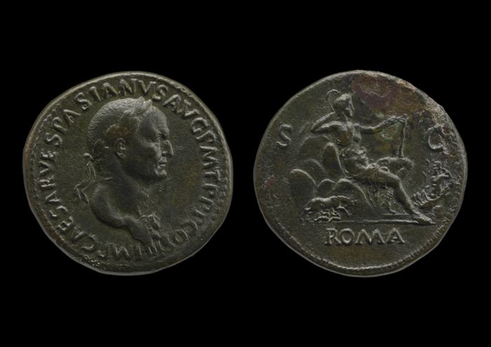 Sestertius showing the goddess Roma seated on the seven hills (reverse), Head of Vespasian (obverse) by Unknown artist