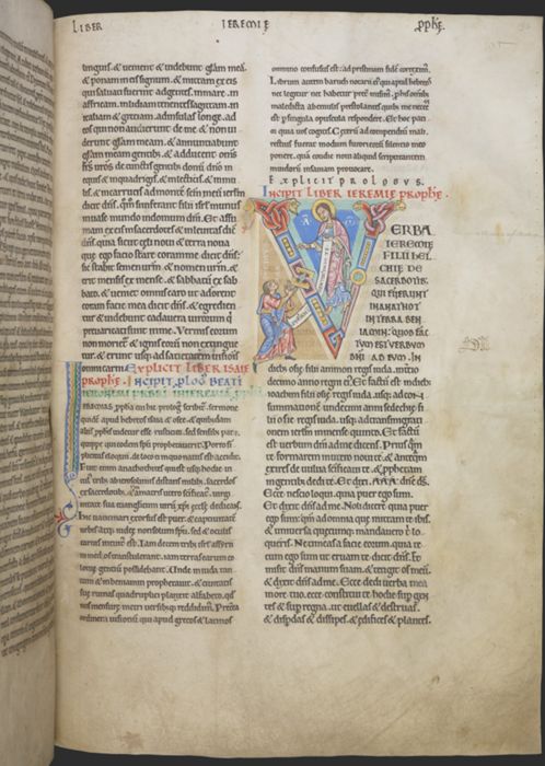 Illuminated initial V depicting the Vocation of Jeremiah, from Dover Bible, vol. I (Bibliorum Pars I) by Unknown artist