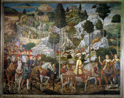 The Journey of the Magi. Detail from the east wall of the Chapel of the Magi by Benozzo Gozzoli 