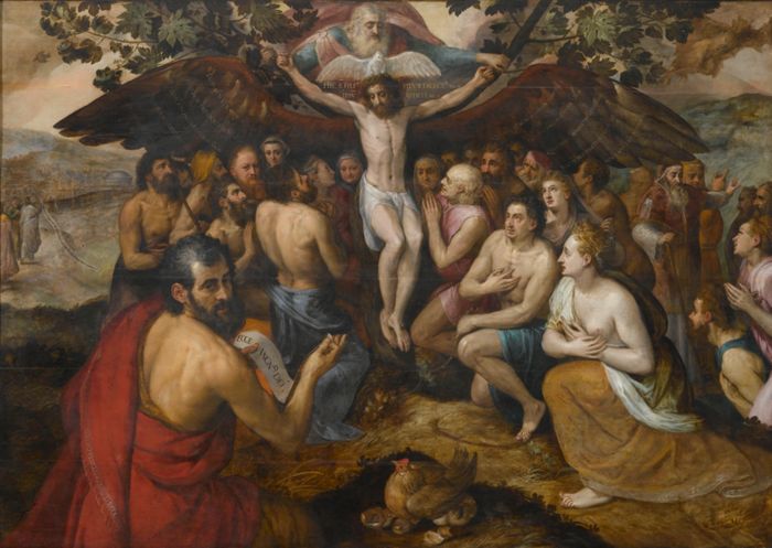 esus Christ, Son of God, assembling and protecting humanity through his Sacrifice on the Cross, by Frans Floris