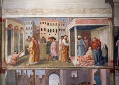 The Resurrection of Tabitha and Peter and John the Healing of the Lame Man, by Masolino and Masaccio