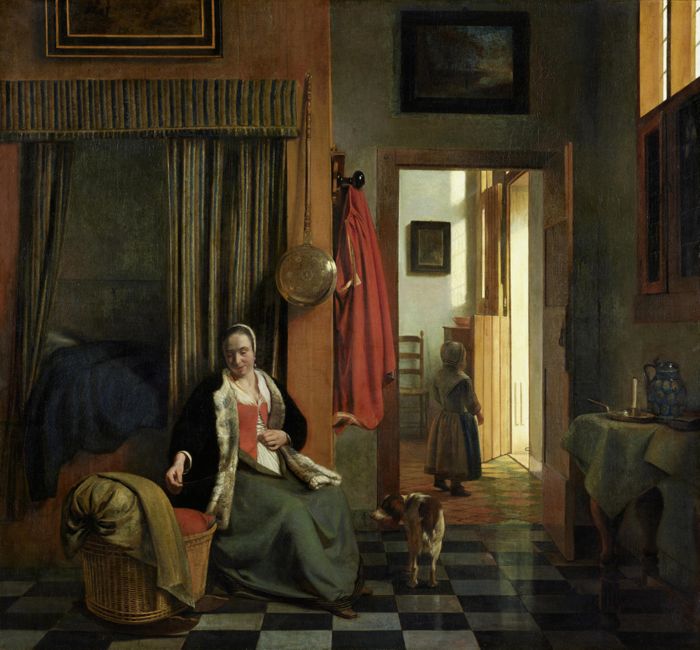 Woman lacing her bodice beside a cradle, by Pieter de Hooch