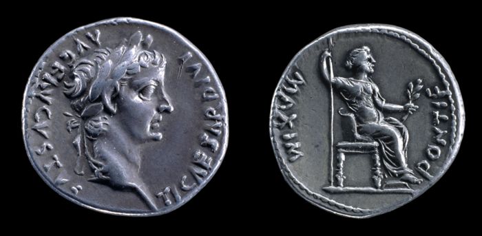 Silver Denarius, Head of Tiberius (obverse), seated female figure (reverse)
