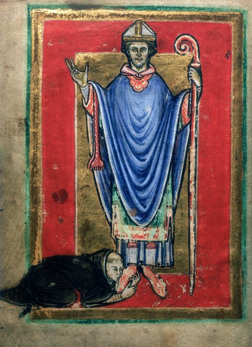 Miniature of a monk (Bede?) kissing the feet of St Cuthbert, from the preface to Bede's prose Life of St Cuthbert, England (Durham)