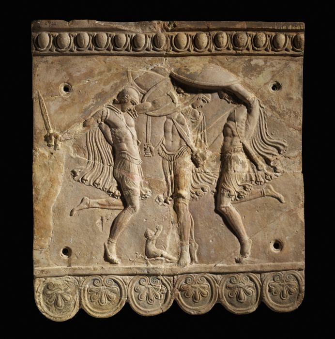 Terracotta Campana Relief of Three Curetes with Swords and Shields, Protecting the Infant Zeus, by an unknown Roman artist