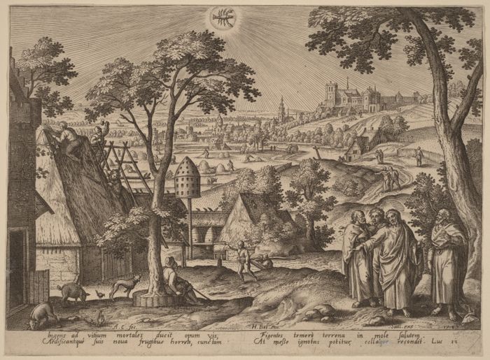 The Parable of the Rich Fool, from the Scenes from the Life of Christ (Emblemata Evangelica ad XII Signa Coelestia Sive), by Adriaen Collaert, after Hans Bol