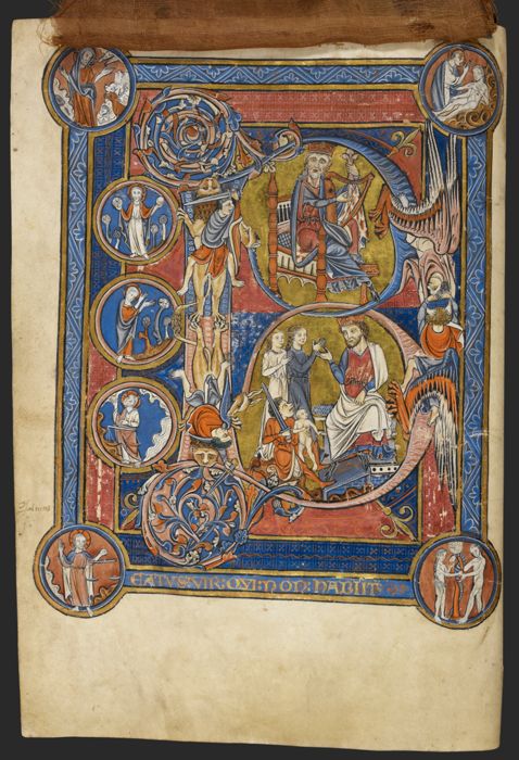 Full-page historiated initial 'B'(eatus) at the beginning of Psalm 1, of King David harping, and the Judgement of Solomon, from The Rutland Psalter Add MS 62925, fol. 8v by Unknown English Artist