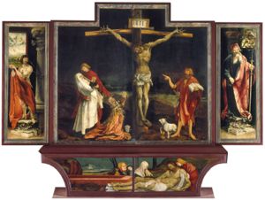 The Isenheim Altarpiece; Closed altarpiece: Saint Sebastian, the Crucifixion; Saint Anthony the Great; Predella, the Lamentation on the Body of Christ by Matthias Grünewald  