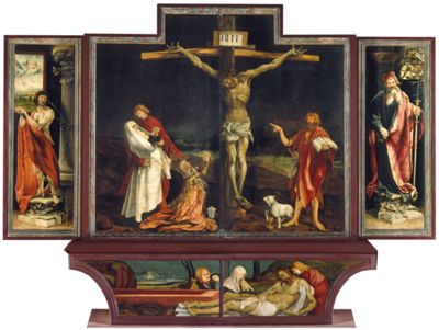 The Isenheim Altarpiece; Closed altarpiece: Saint Sebastian, the Crucifixion; Saint Anthony the Great; Predella, the Lamentation on the Body of Christ by Matthias Grünewald  