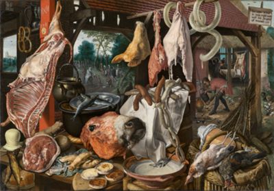 A Meat Stall with the Holy Family Giving Alms ﻿(The Butcher's Shop) by Pieter Aertsen
