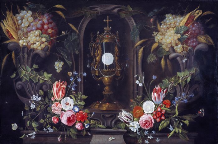Still Life of Flowers and Grapes encircling a Monstrance in a Niche by Jan van Kessel