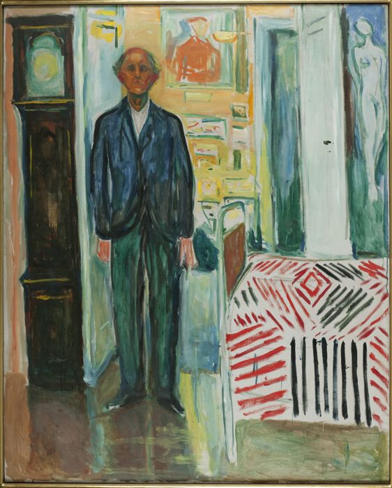 Self-portrait. Between the clock and the bed by Edvard Munch 