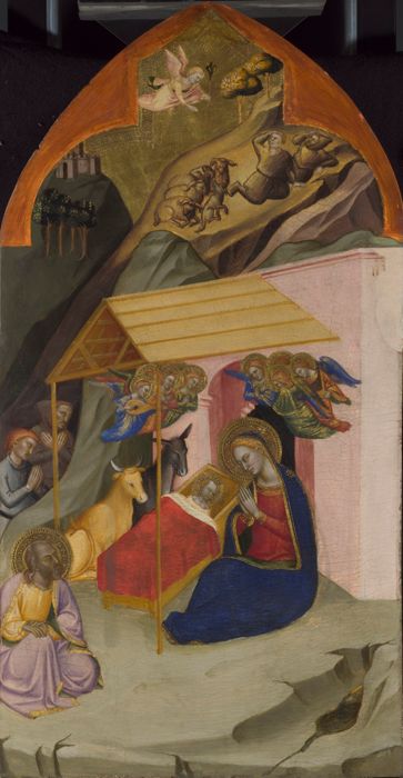  The Nativity with the Annunciation to the Shepherds and the Adoration of the Shepherds: Upper Tier Panel of The San Pier Maggiore Altarpiece by Jacopo di Cione and workshop