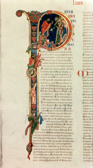 Beginning of Second Kings with historiated initial showing the messengers of Elijah and Ahaziah, from the Winchester Bible by Unknown English artist known as the Master of the Leaping Figures