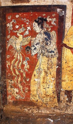 Woman opening a phoenix-painted door, tomb of Zhang Shiqing by Unknown Chinese artist