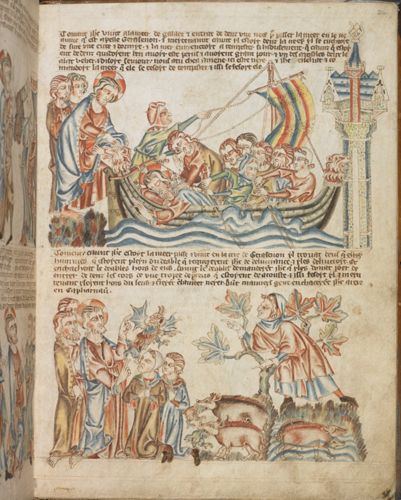 The Calming of the Storm; the Devils are cast out and enter the Gadarene Swine, who are then drowned, from the 'Holkham Bible Picture Book' by Unknown English artist