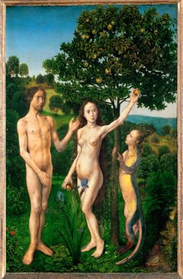 The Fall, Adam and Eve Tempted by the Snake, from the Diptych of the Fall and the Redemption, left wing by Hugo van der Goes