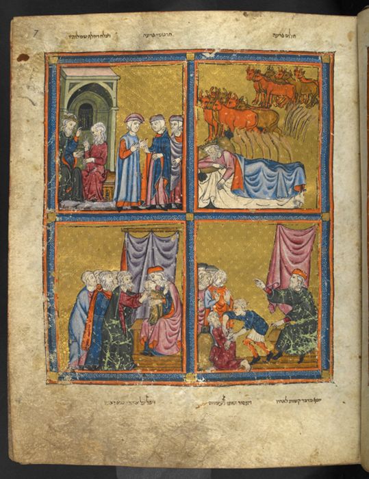 Scenes from the life of Joseph from the Golden Haggadah (upper right: Pharaoh's dream; upper left: Joseph interpreting Pharaoh's dream in front of his counsellors; lower right: Joseph ordering the arrest of Simeon; lower left: Joseph) by unknown artist 